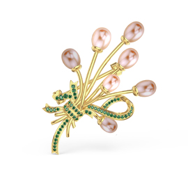 Peachy Pink Pearl and Emerald 18ct Gold Vermeil Brooch