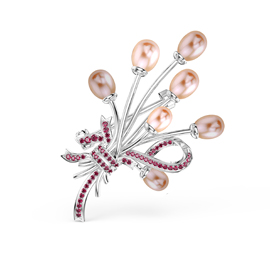 Peachy Pink Pearl and Ruby Platinum plated Silver Brooch