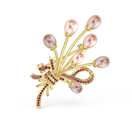 Peachy Pink Pearl and Ruby 18ct Gold Vermeil Brooch