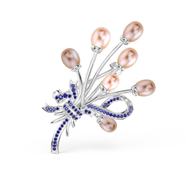 Peachy Pink Pearl and Sapphire Platinum plated Silver Brooch