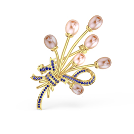 Peachy Pink Pearl and Sapphire 18ct Gold Vermeil Brooch