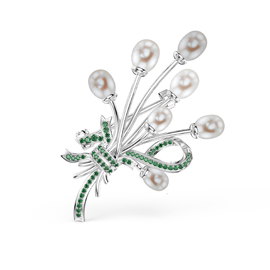 Pearl and Emerald Platinum plated Silver Brooch