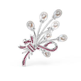 Pearl and Ruby Platinum plated Silver Brooch