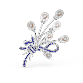 Pearl and Sapphire Platinum plated Silver Brooch
