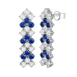 Eternity Three Row Sapphire and Moissanite Platinum plated Silver Drop Earrings