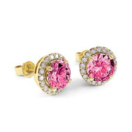 Halo 2ct Pink Sapphire 18ct Yellow Gold Diamond Halo Stud Earrings