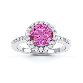 Halo 1ct Pink Sapphire Moissanite Halo Platinum plated Silver Promise Ring