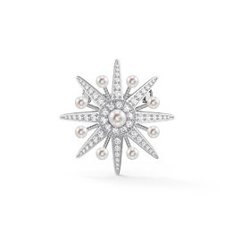 Starburst Pearl and Moissanite Platinum plated Silver Brooch