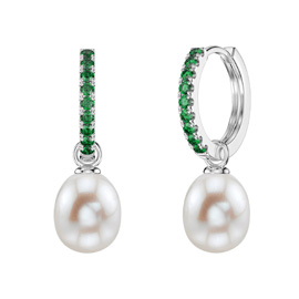 Venus Emerald Hoop Pearl Drop Platinum plated Silver Earring Set