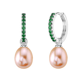 Venus Emerald Hoop Pink Pearl Drop Platinum plated Silver Earring Set