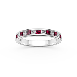 Princess Ruby and Moissanite 9ct White Gold Half Eternity Ring 3mm Band