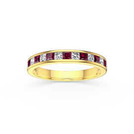 Princess Ruby and Moissanite 9ct Yellow Gold Half Eternity Ring 3mm Band