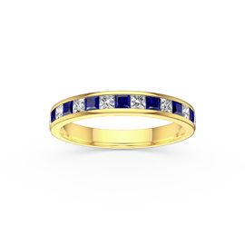 Princess Sapphire and Lab Diamond 9ct Yellow Gold Half Eternity Ring 3mm Band