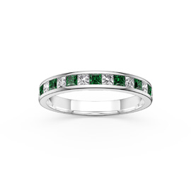 Princess Emerald and Moissanite 9ct White Gold Half Eternity Ring 3mm Band