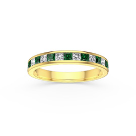 Princess Emerald and Moissanite 9ct Yellow Gold Half Eternity Ring 3mm Band