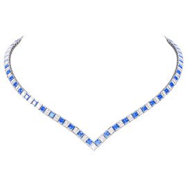 Princess Sapphire CZ Rhodium plated Silver Tennis Necklace