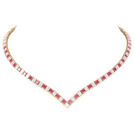Princess Ruby and Diamond 18ct Yellow Gold Tennis Necklace