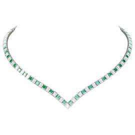Princess Emerald and Diamond 18ct White Gold Tennis Necklace