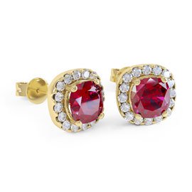 Princess 2ct Ruby Halo 9ct Yellow Gold Stud Earrings