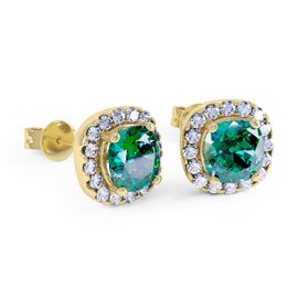Princess 2ct Emerald 18ct Yellow Gold Moissanite Halo Stud Earrings