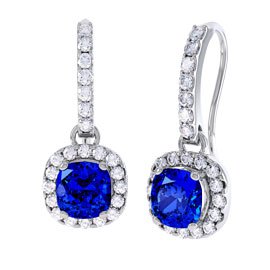 Princess 2ct Sapphire and Diamond Halo 18ct White Gold Pave Drop Earrings