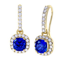 Princess 2ct Sapphire Halo 18ct Yellow Gold Pave Drop Earrings