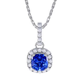 Princess 1ct Blue Sapphire and Diamond Halo 18ct White Gold Pendant