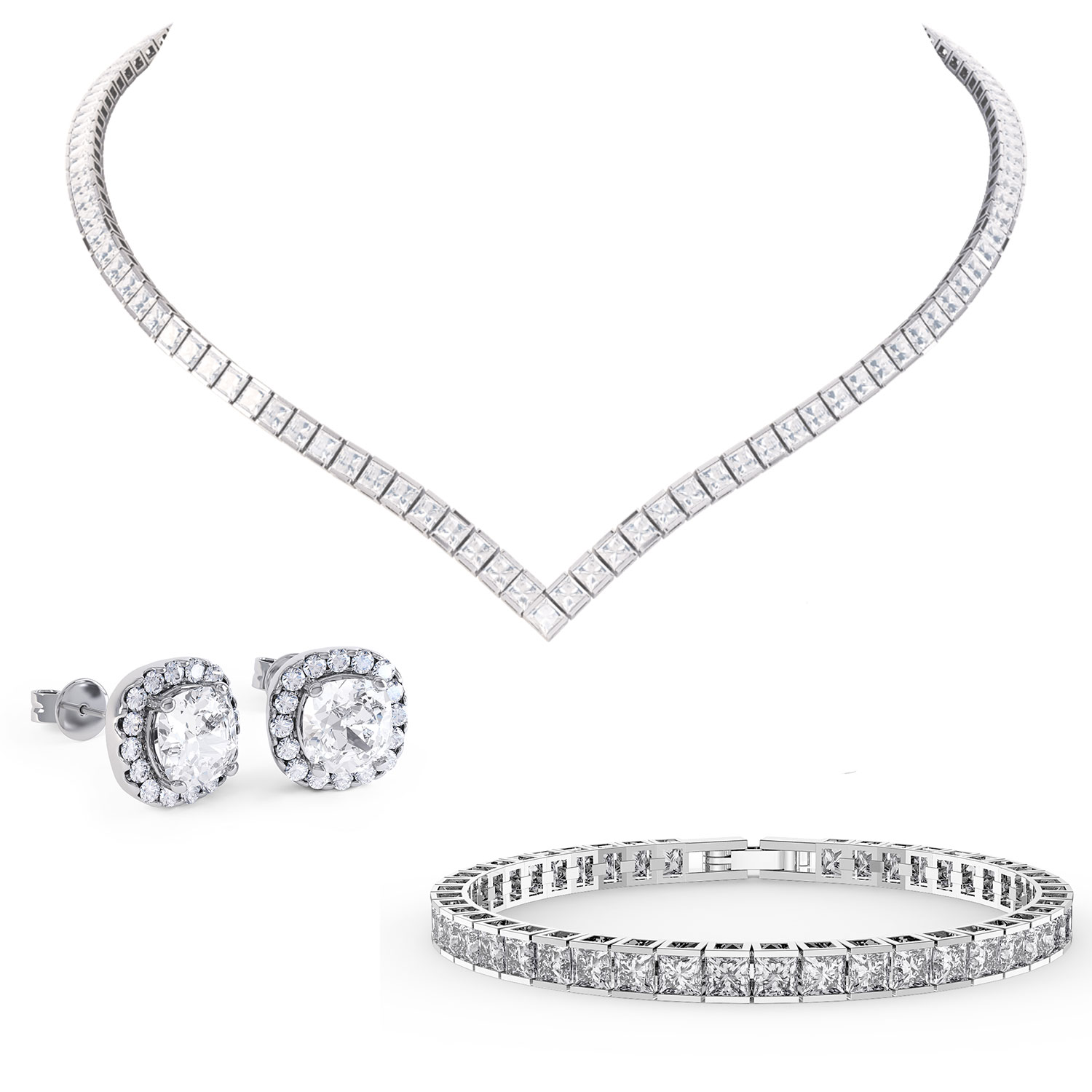 Princess Diamond CZ Rhodium plated Silver Jewellery Set