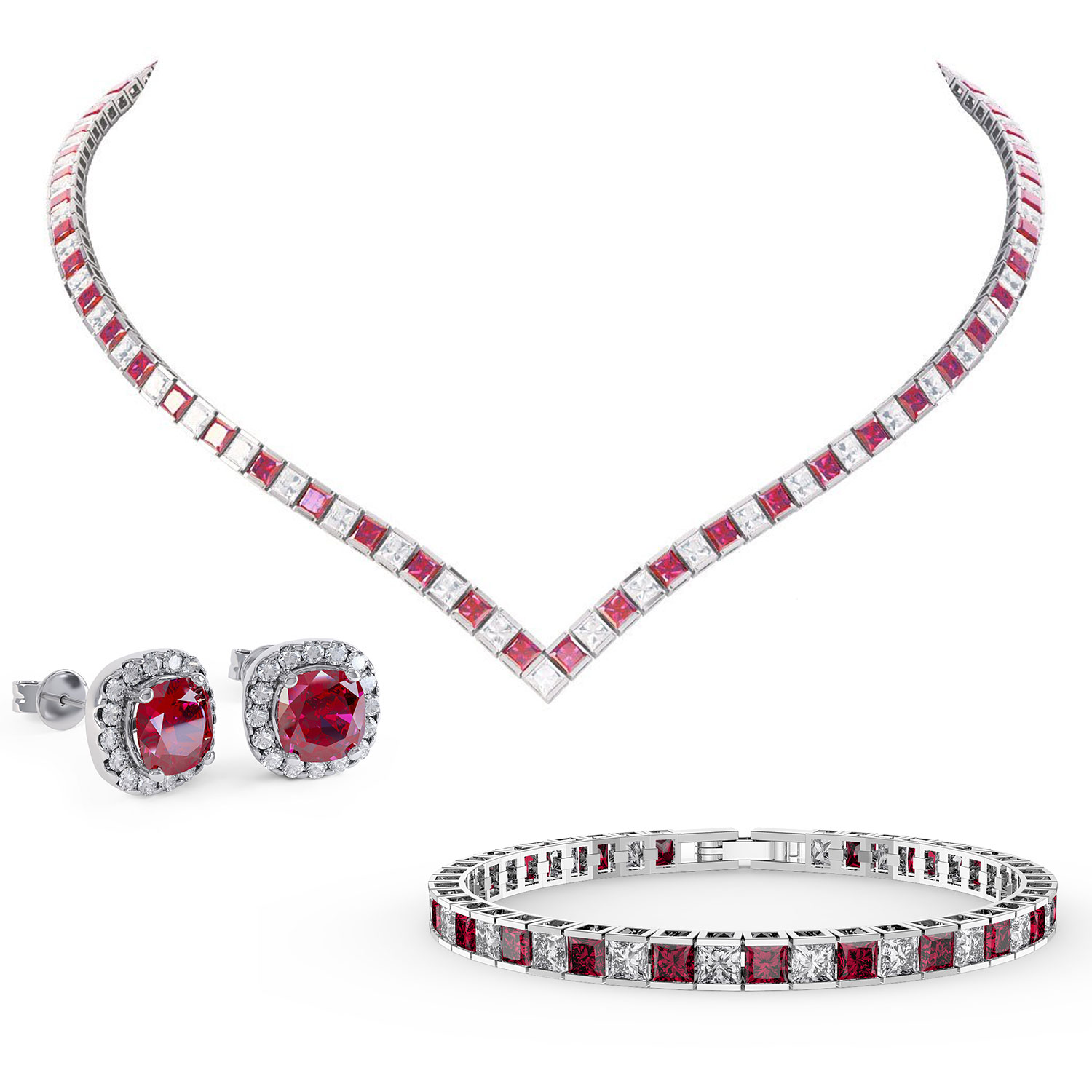 Princess Ruby Platinum plated Silver Jewellery Set