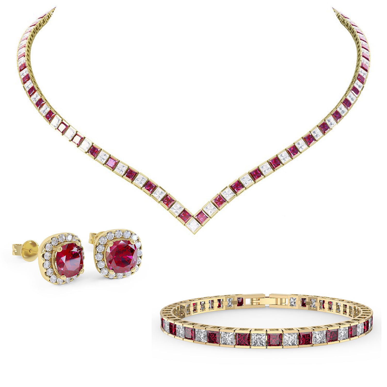 Princess Ruby CZ 18ct Gold plated Silver Jewellery Set