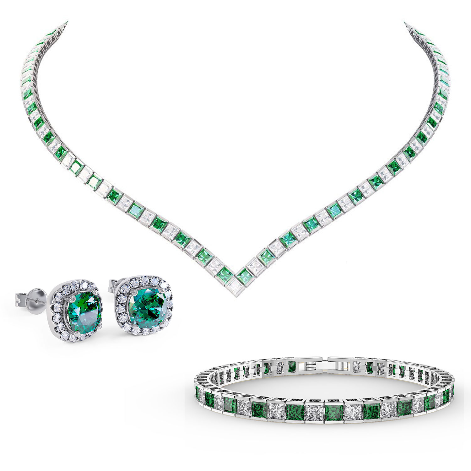 Princess Emerald CZ Rhodium plated Silver Jewellery Set