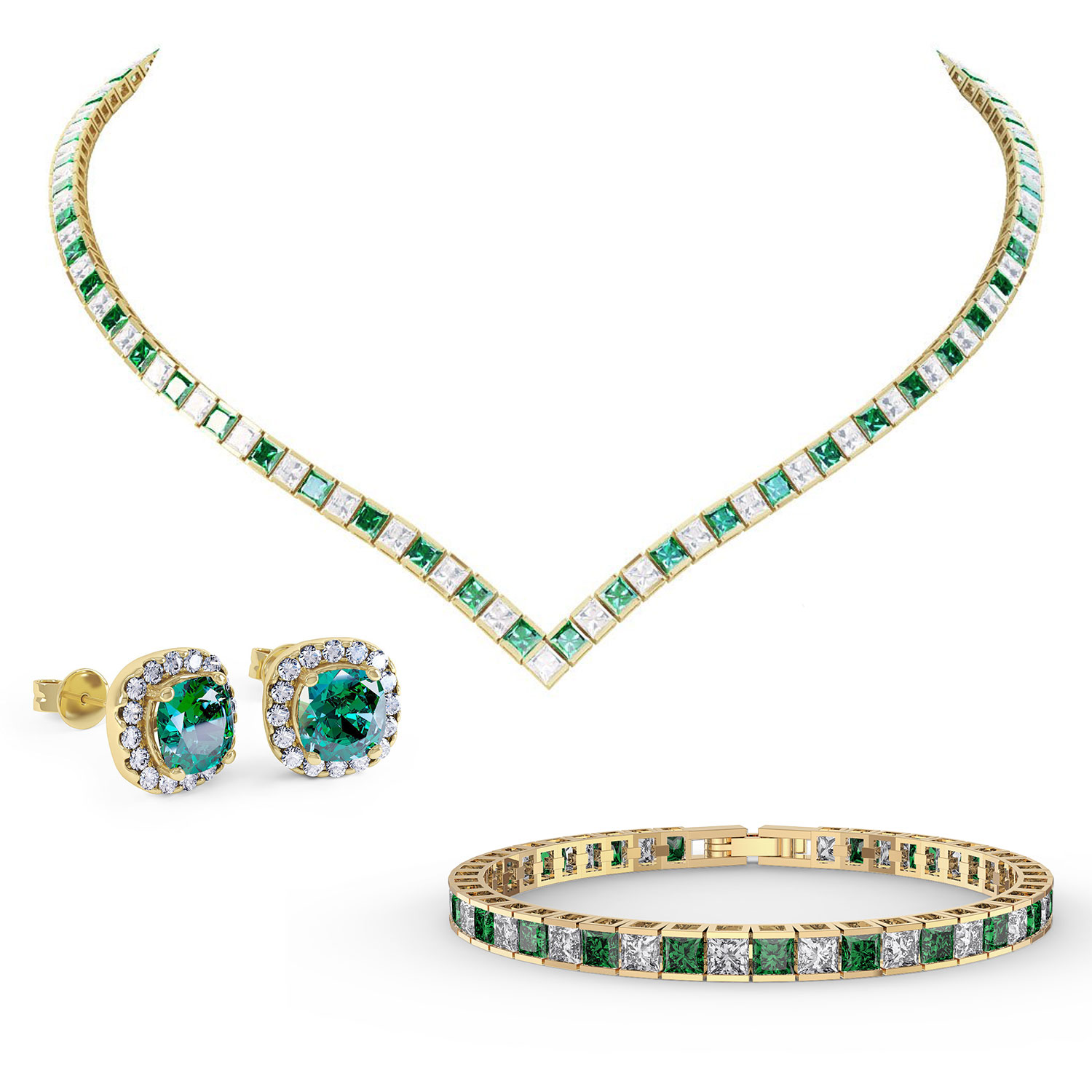 Princess Emerald CZ 18ct Gold plated Silver Jewellery Set