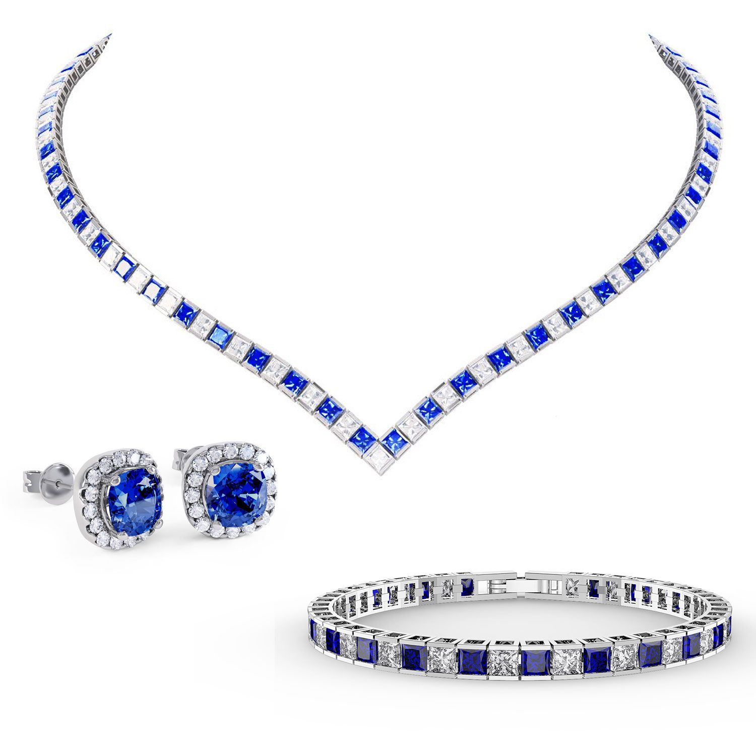 Princess Sapphire Platinum plated Silver Jewellery Set