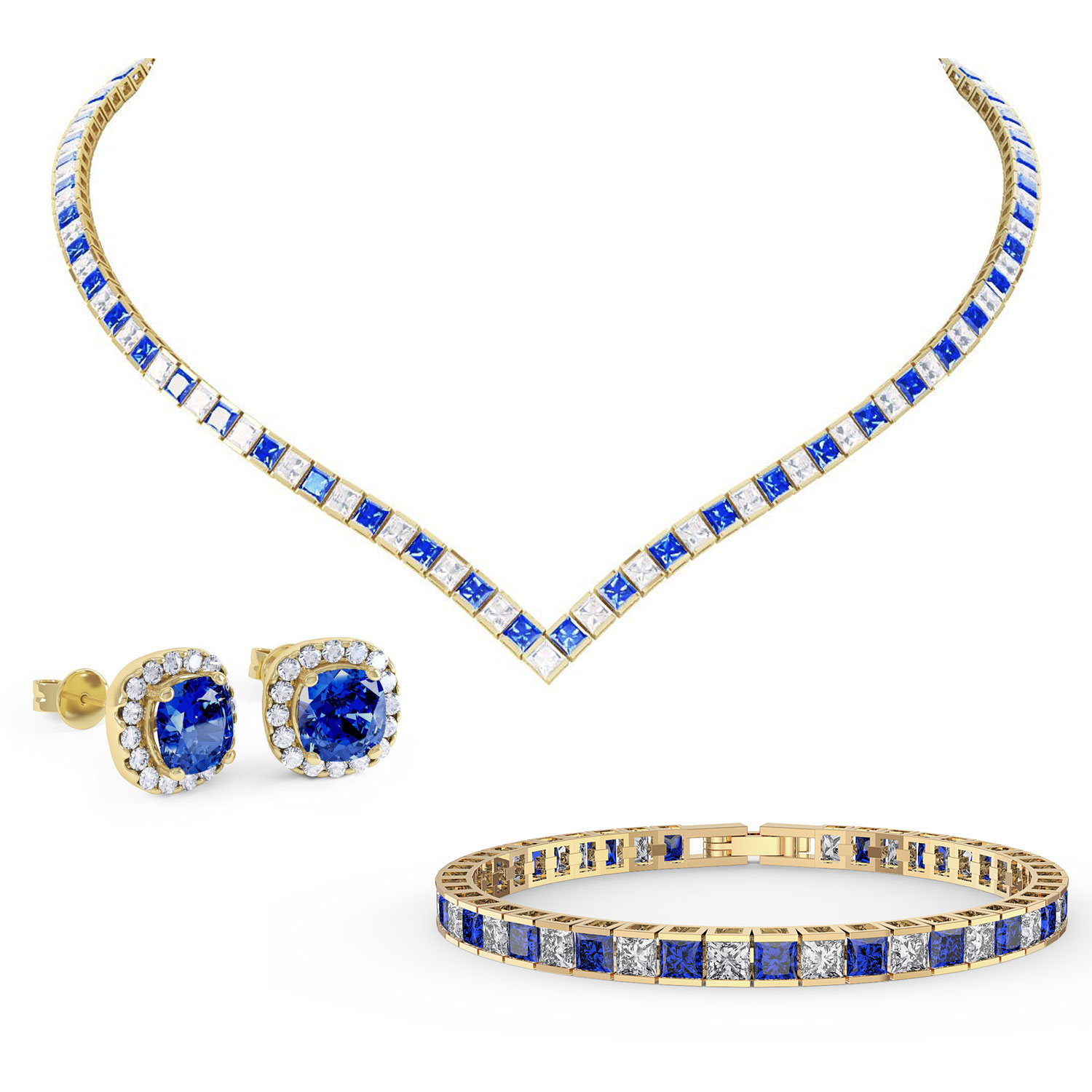 Princess Sapphire CZ 18ct Gold plated Silver Jewellery Set