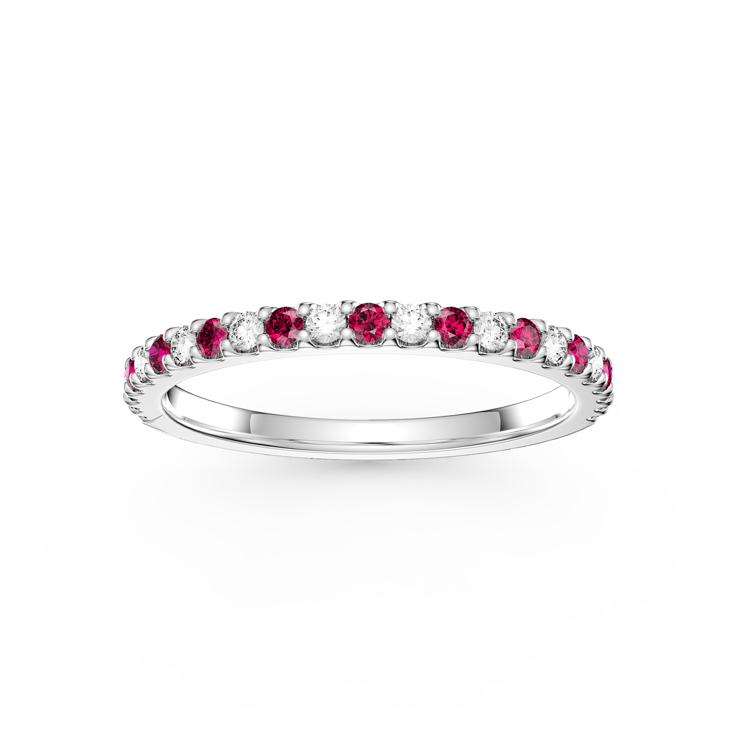 Radiant Ruby and Moissanite Platinum plated Silver Half Eternity Ring