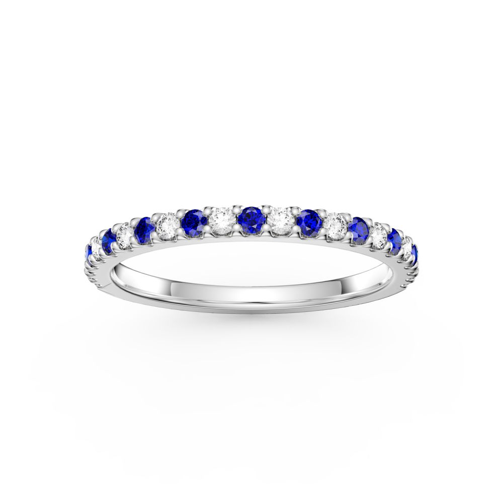 Radiant Sapphire and Moissanite Platinum plated Silver Half Eternity Ring