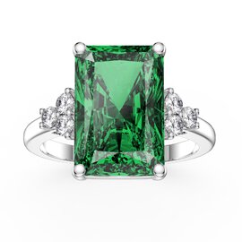 Radiant 5ct Emerald Cut Emerald and Moissanite Platinum plated Silver Proposal Ring