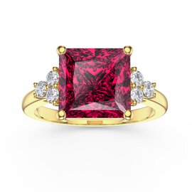 Radiant 4ct Princess Ruby and Lab Diamond 9ct Yellow Gold Engagement Ring