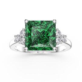 Radiant 4ct Princess Emerald and Moissanite Platinum plated Silver Proposal Ring