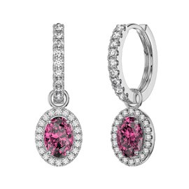 Eternity 1.5ct Pink Sapphire Oval Halo Platinum plated Silver Interchangeable Hoop Drop Set