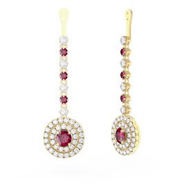 Fusion Ruby and Diamond Halo 18ct Yellow Gold Earrings Drops