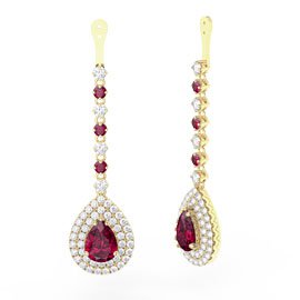 Fusion Ruby and Diamond Pear Halo 18ct Yellow Gold Earrings Drops