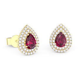 Fusion Ruby Pear Halo 18ct Yellow Gold Stud Earrings