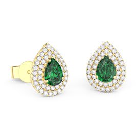 Fusion Emerald Pear Halo 18ct Gold Stud Earrings