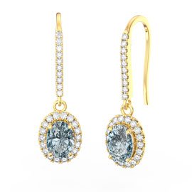 Eternity Aquamarine Oval Halo 9ct Yellow Gold Pave Drop Earrings