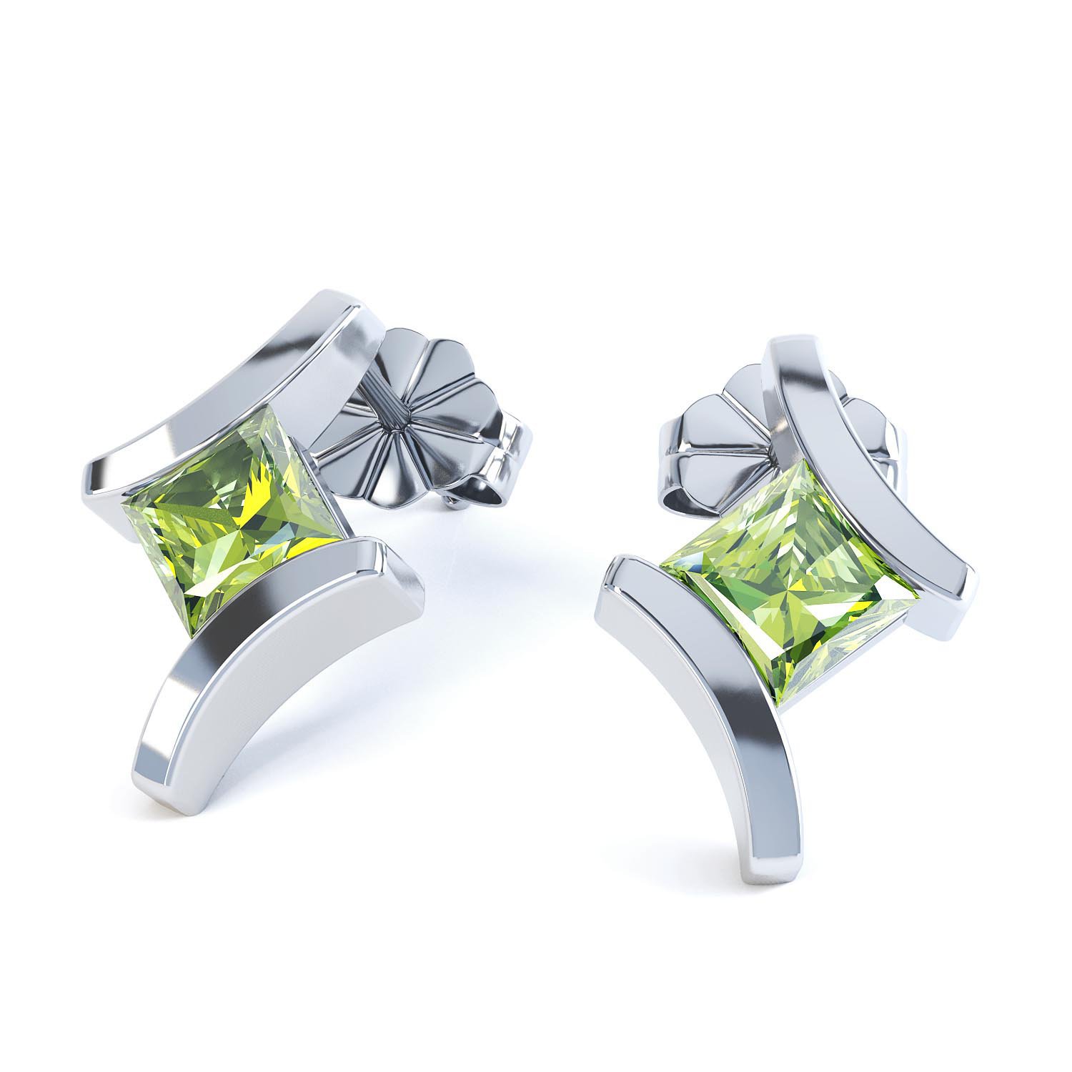 Combinations Peridot Square Rhodium plated Silver Earrings