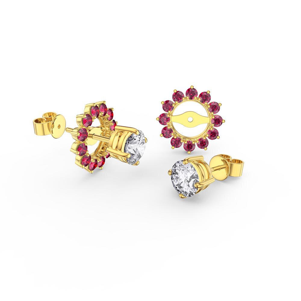 Fusion Moissanite 18ct Yellow Gold Stud Earrings Ruby Halo Jacket Set #1