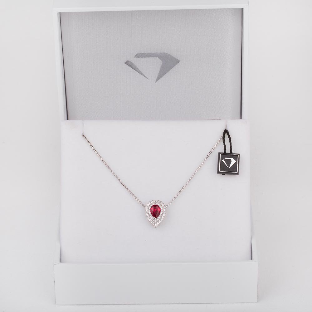 Fusion Ruby and Diamond Halo 18ct White Gold Drop Pear Pendant #2