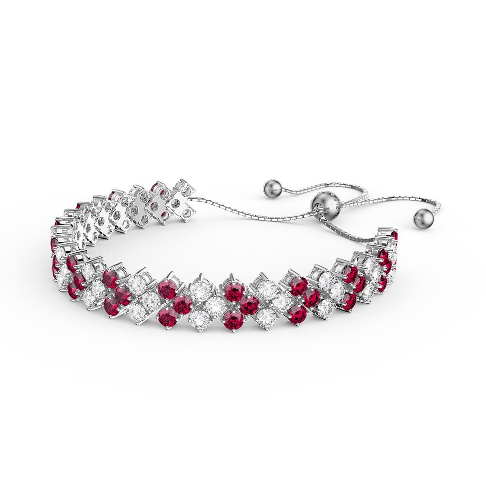 Eternity Three Row Ruby and Moissantie Platinum plated Silver Adjustable Tennis Bracelet