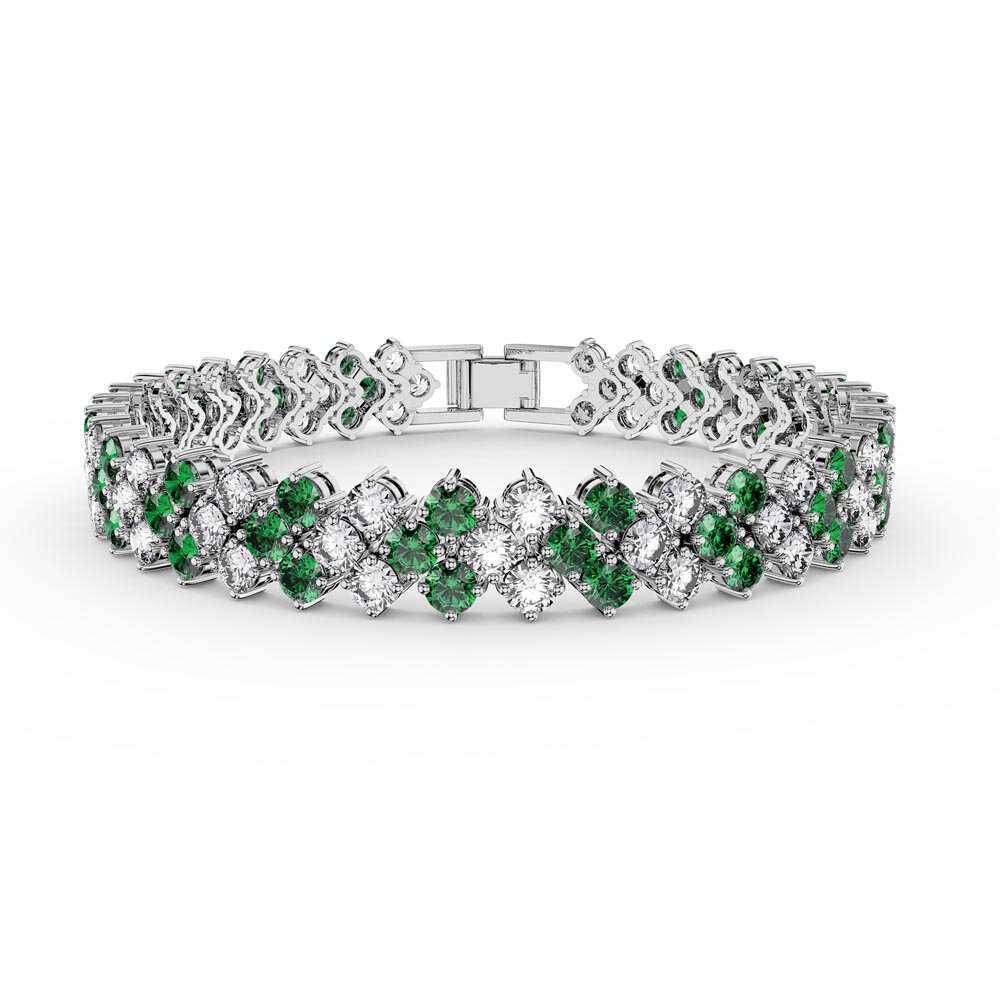 Eternity Three Row Emerald and Moissanite Platinum plated Silver Tennis Bracelet